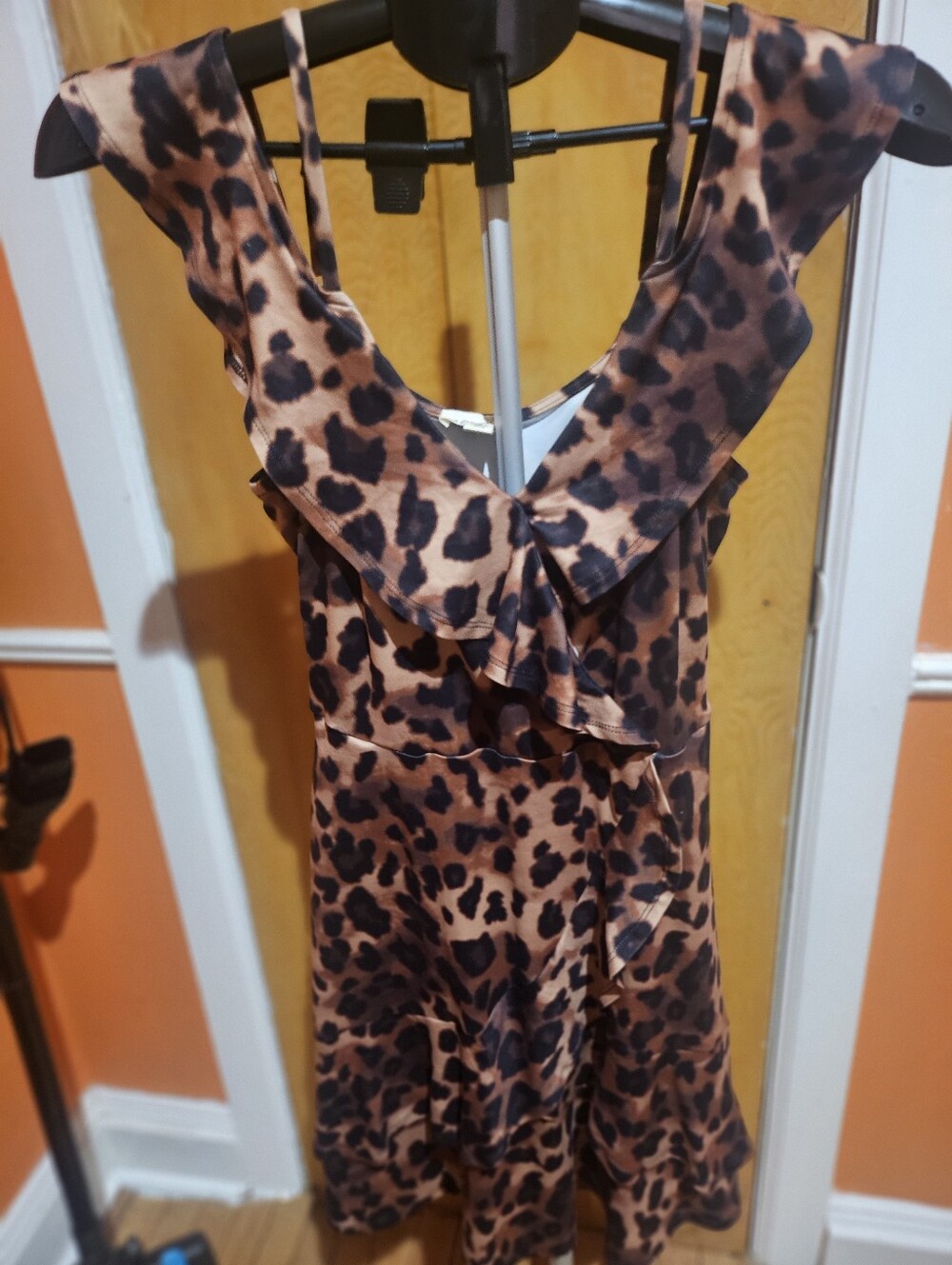 Leopard Print Ruffle Midi Dress - Brown